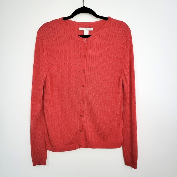 Vintage Marshal Fields' Coral 100% Silk Cable Knit Button Up Cardigan - Picture 1 of 7